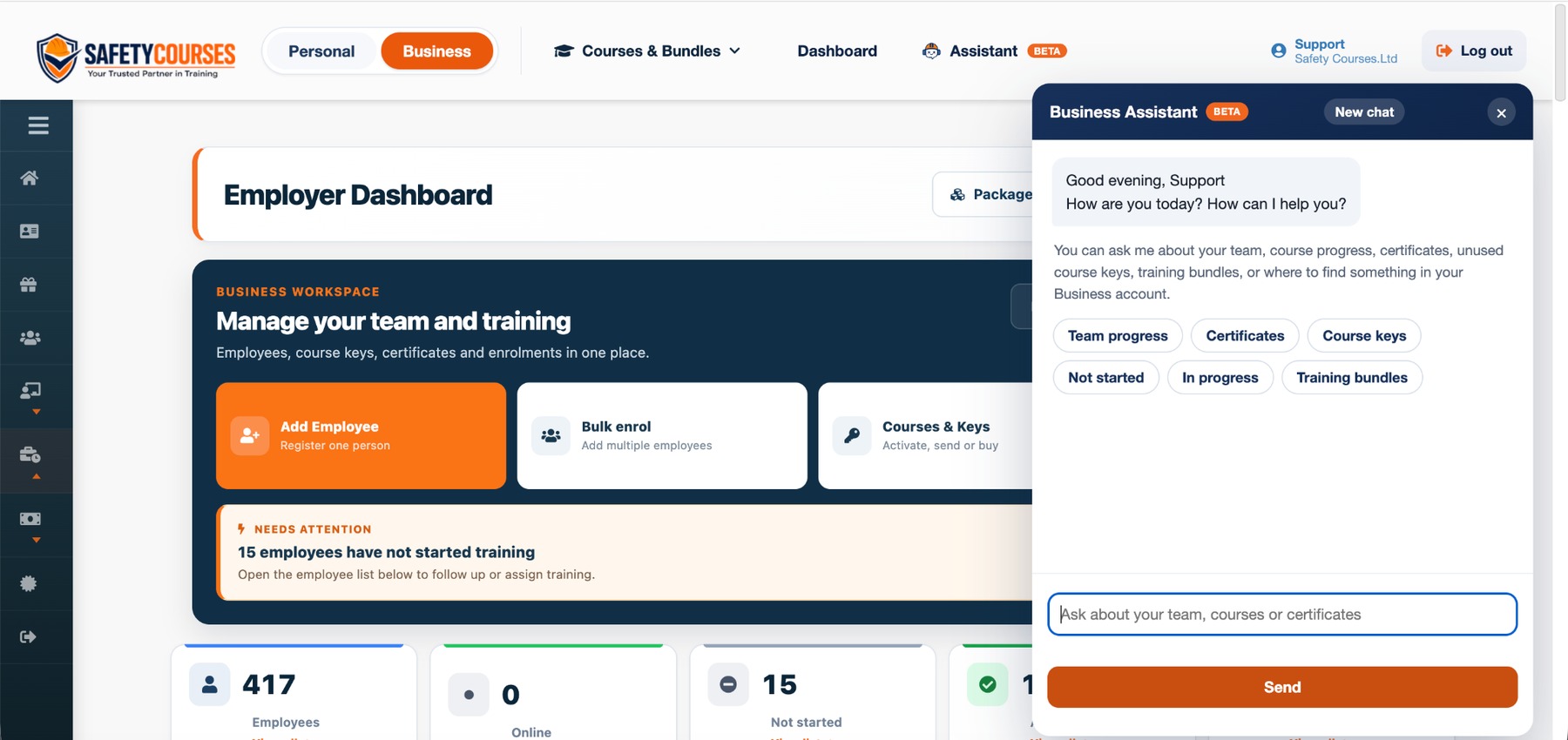 Real Irish Safety Courses employer dashboard with Business Assistant open