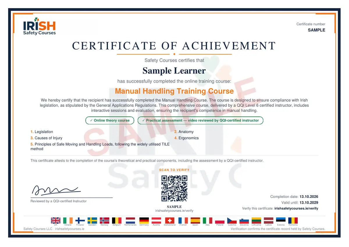 Sample Certificate of Achievement issued on completion, showing the recipient name, the course title, the course curriculum, a validation code, the instructor line and the starting and expiry dates.