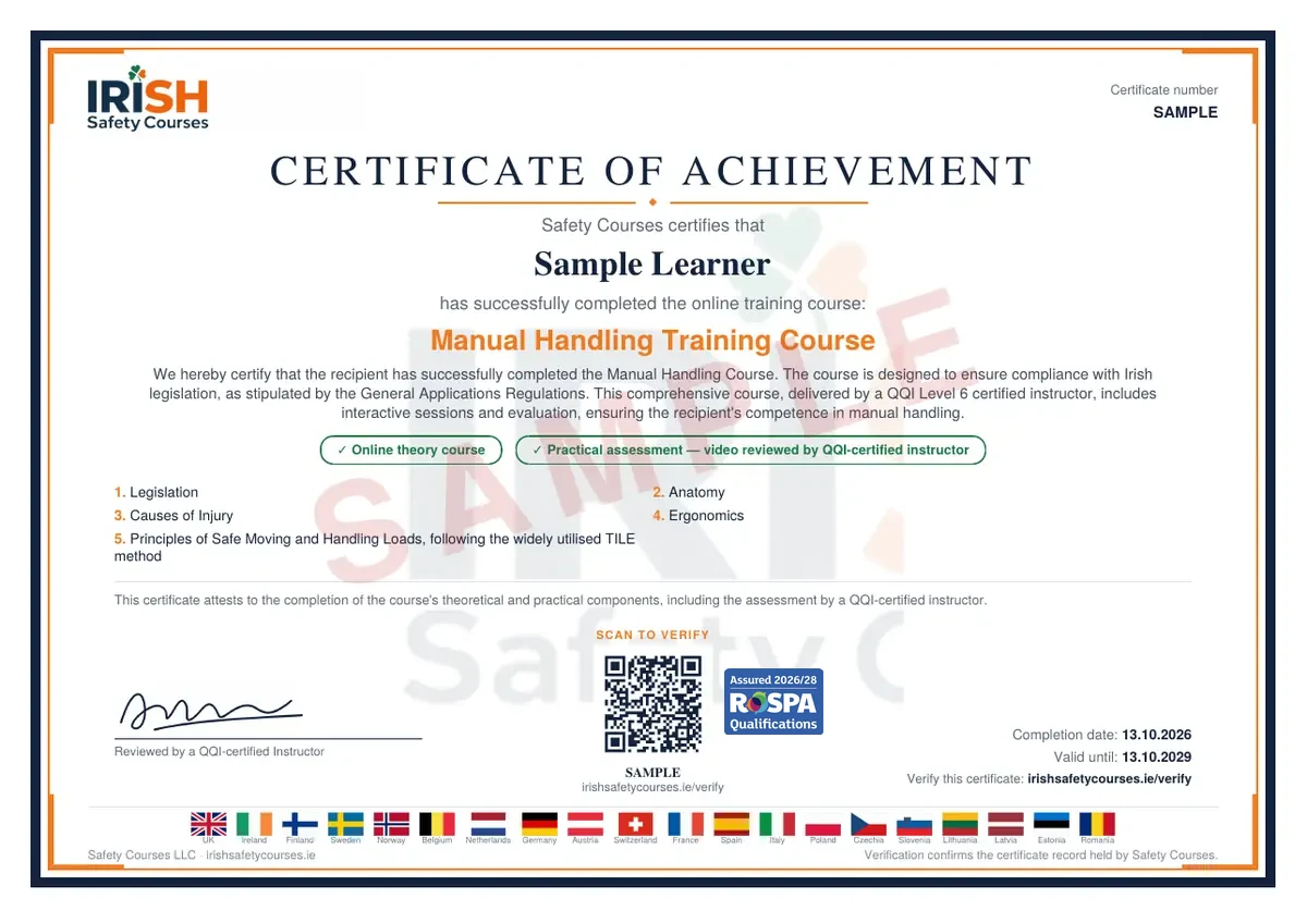 Sample Certificate of Achievement issued on completion, showing the recipient name, the course title, the course curriculum, a validation code, the instructor line and the starting and expiry dates.