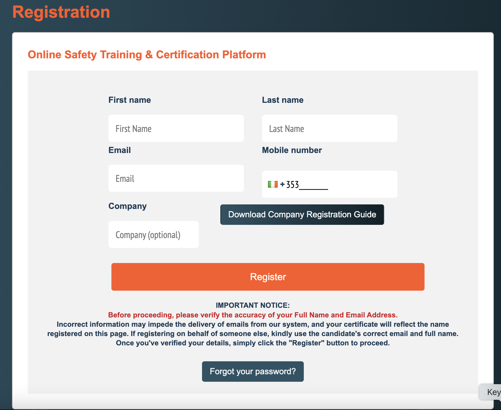 The registration form where you enter your name, email, mobile and company name