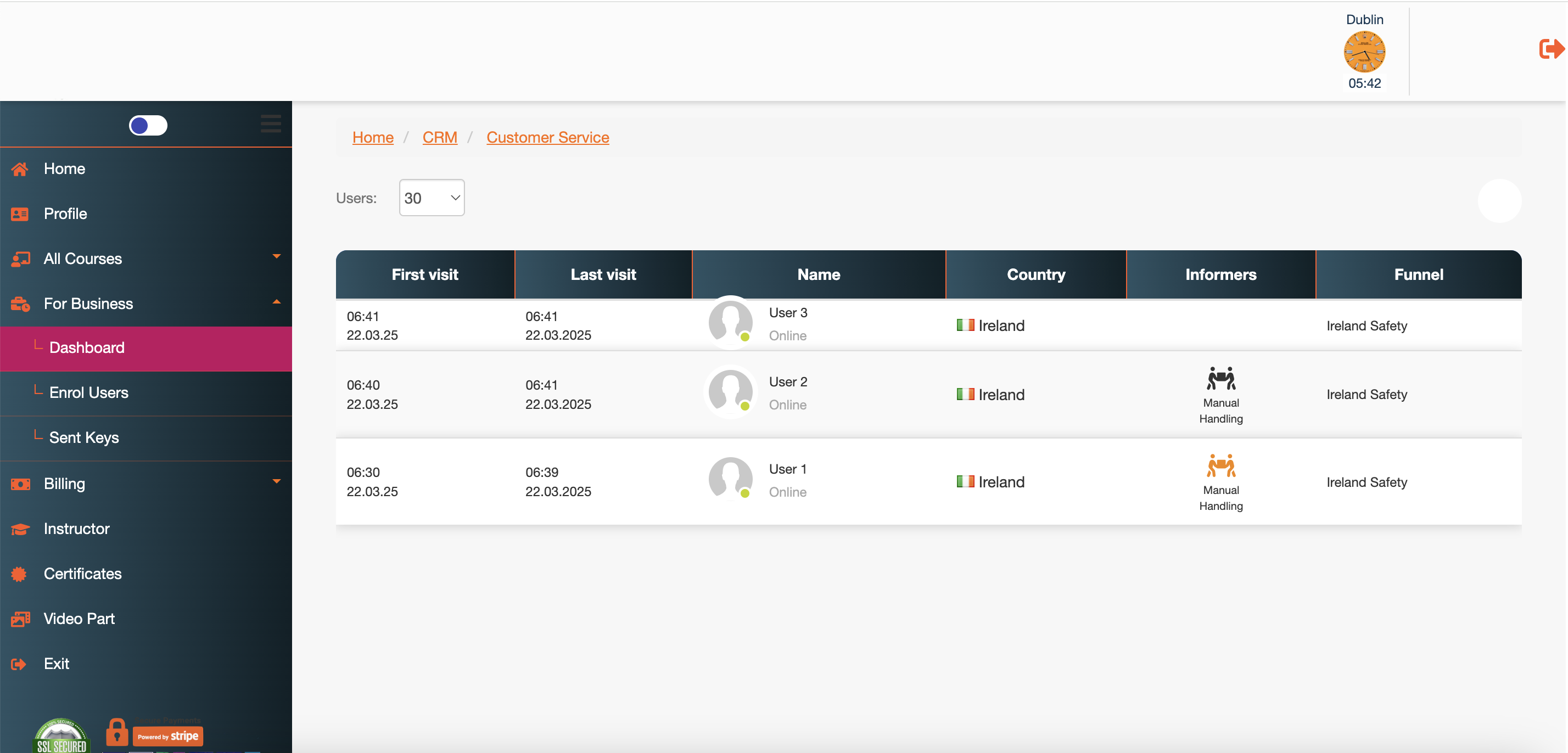 The For Business section showing Dashboard, Enrol Users and Sent Keys