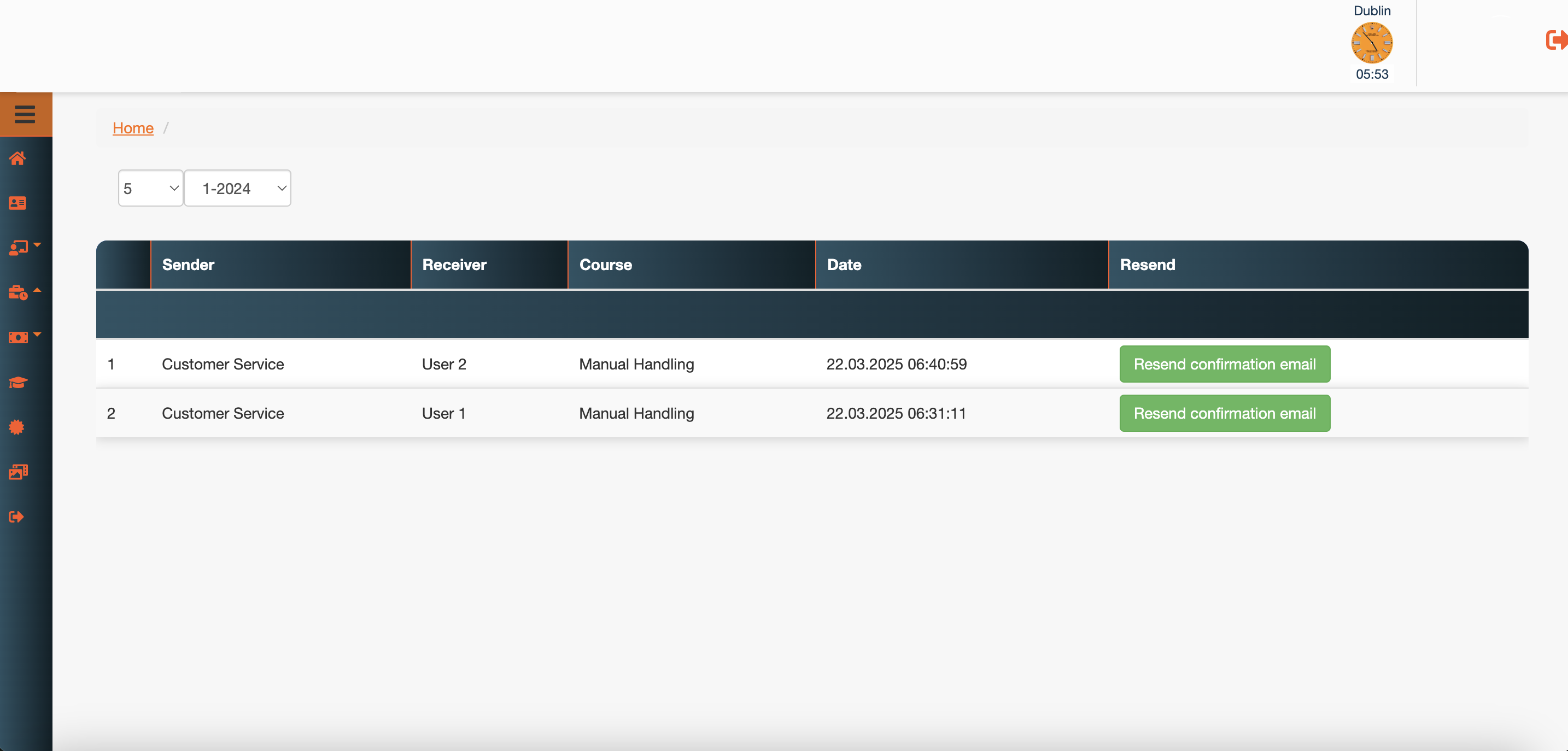 The employee dashboard showing status icons and course activity
