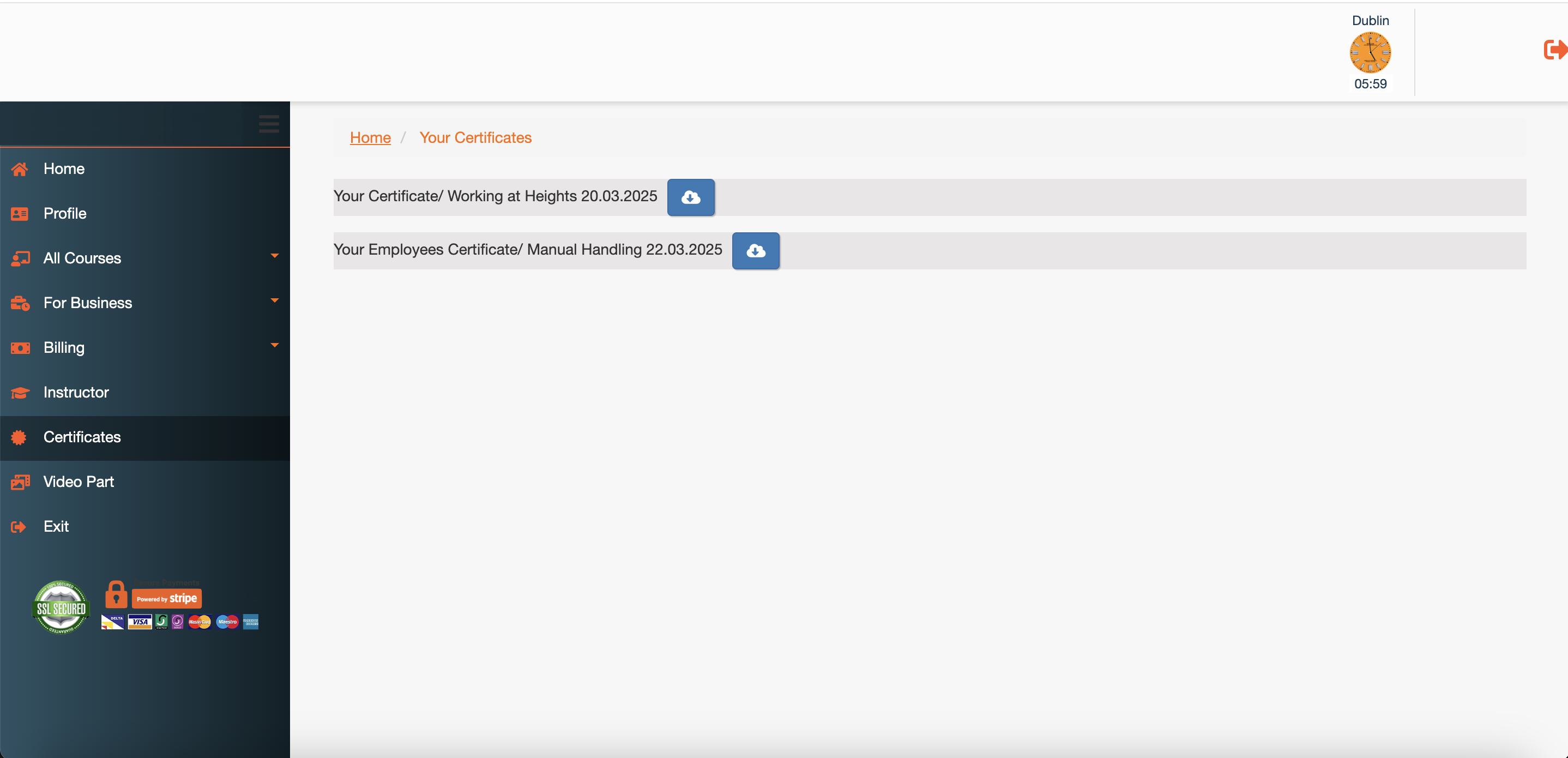 The Certificates section listing downloadable certificates