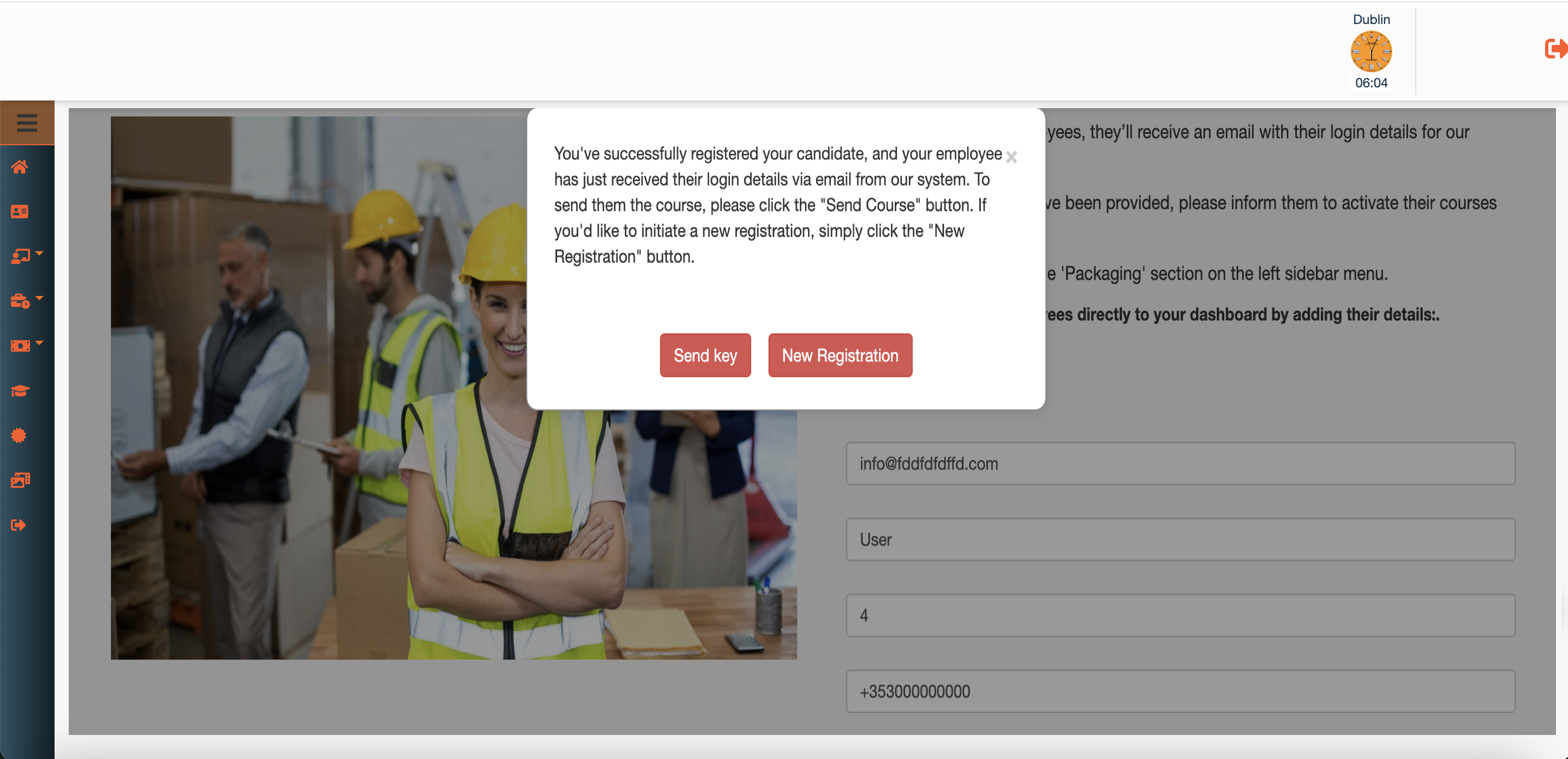 The confirmation message shown after registering an employee